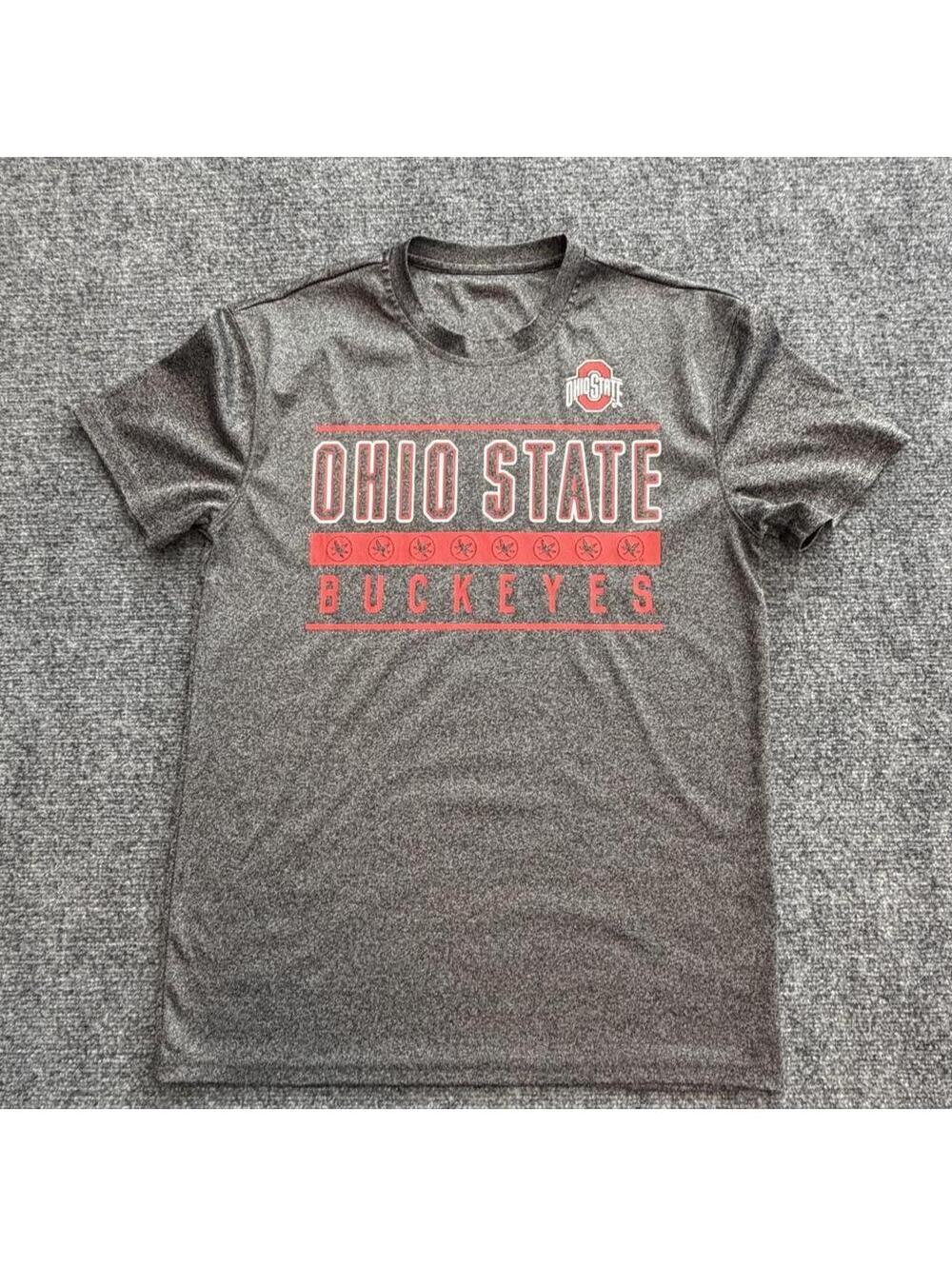 Ohio State Buckeyes medium gray marle t-shirt with red text and logo